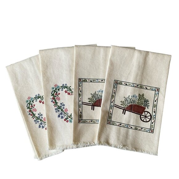 4 small linen tea towels floral heart and garden pattern frayed ends - Picture 1 of 8